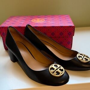 Tory Burch Black Heels with Gold Emblem